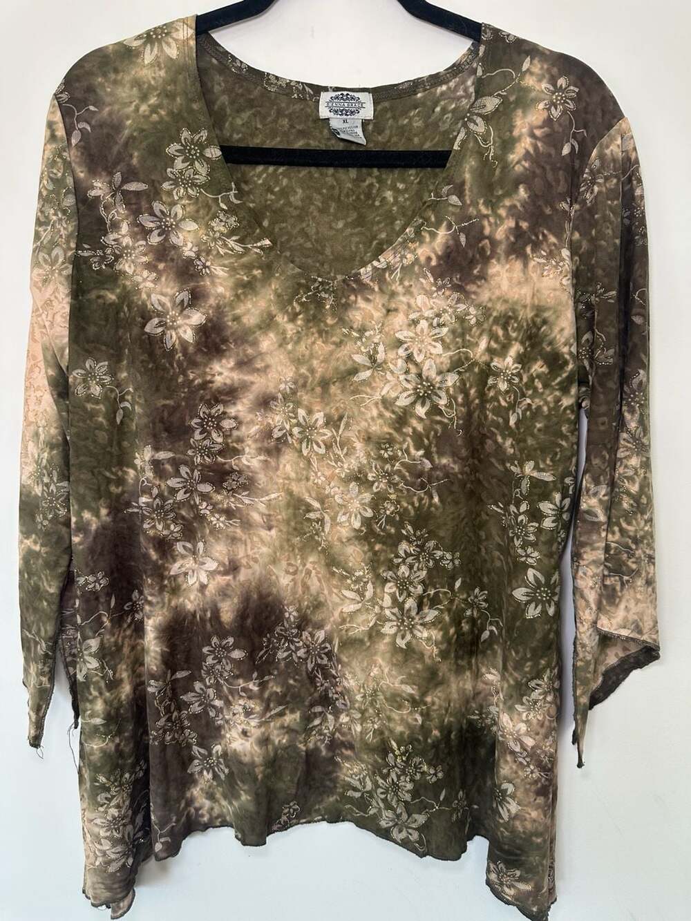 Sienna Grace Floral V-Neck Top Size XL Green Brown Tie Dye Fairy Grunge